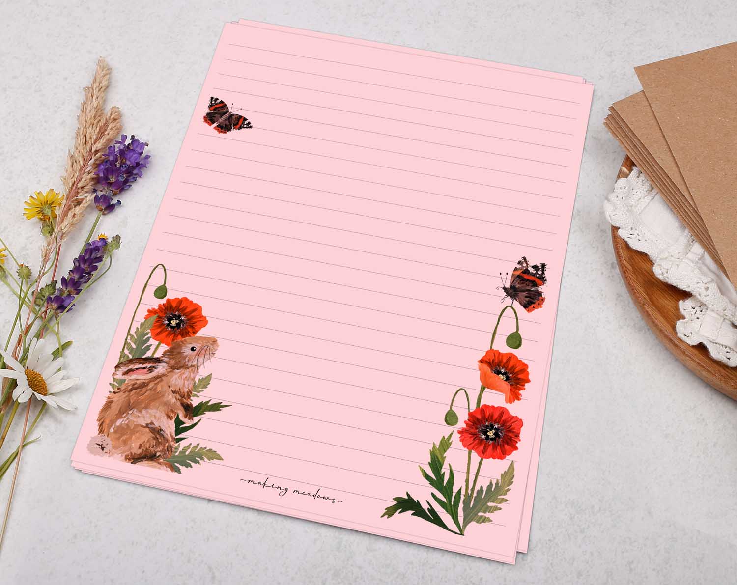 Pink A5 letter writing paper sheets with bunny rabbit and poppy design.