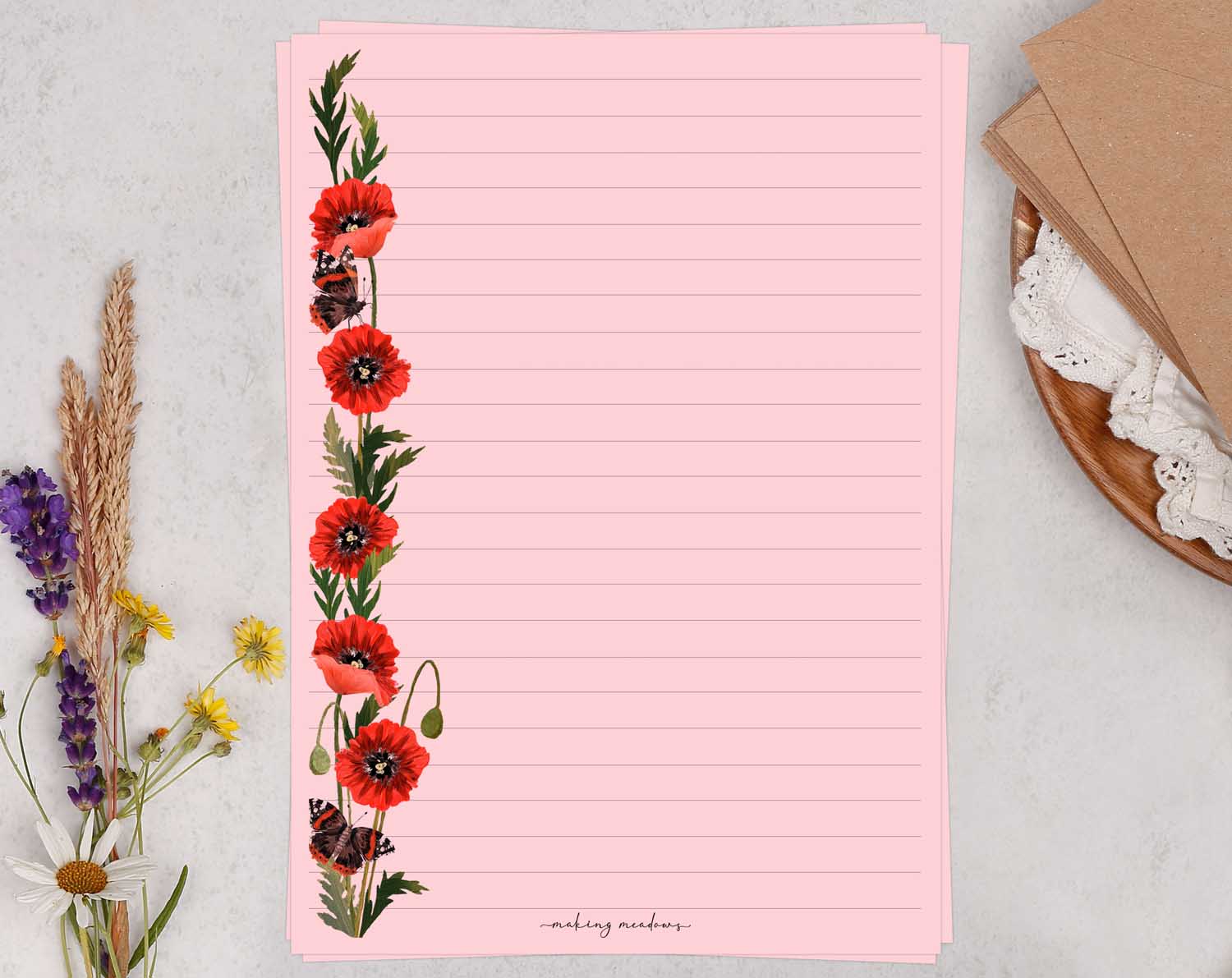 Pink A5 letter writing paper sheets adorned with beautiful red hand painted poppies. 