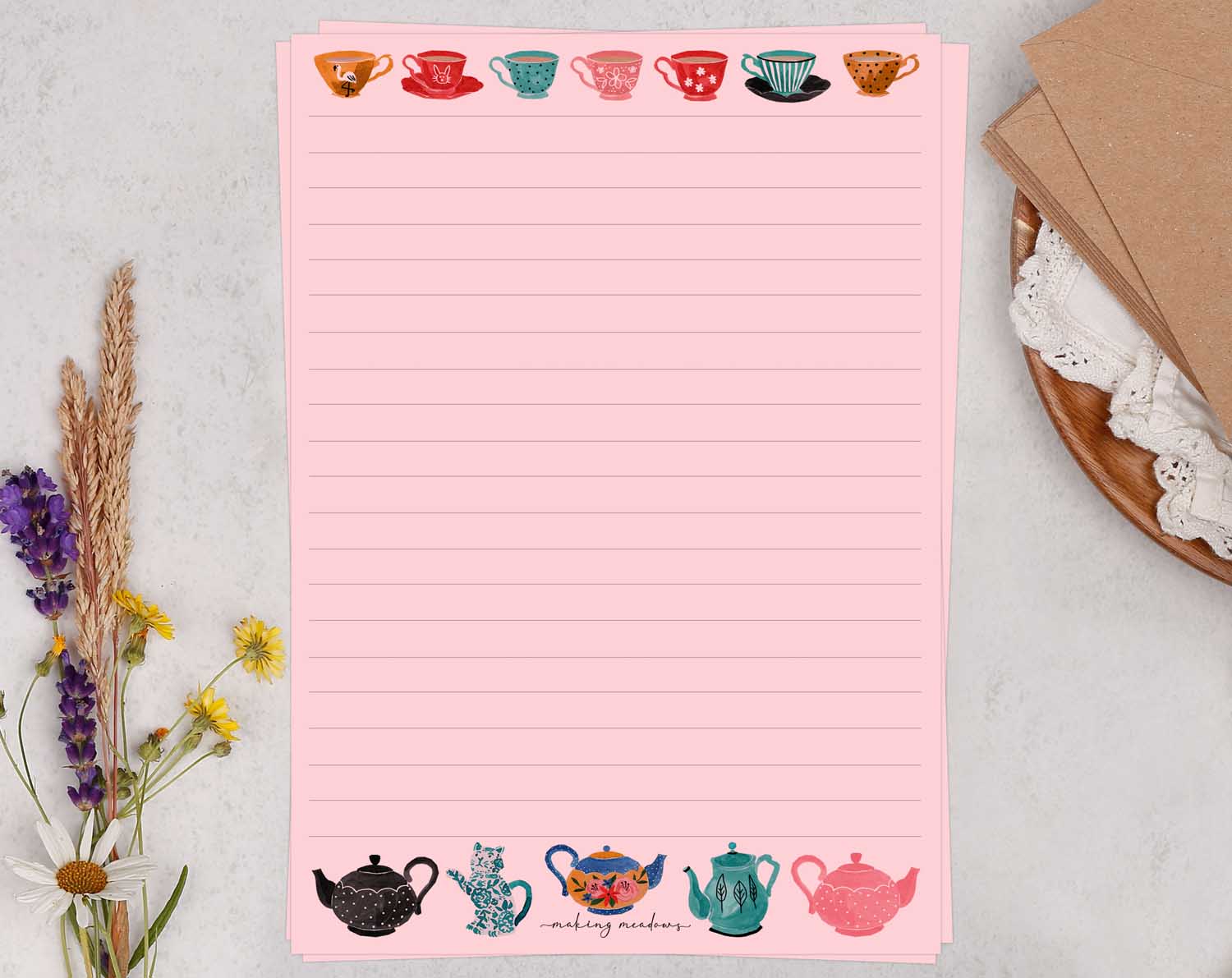Pink A5 letter writing paper sheets adorned with vintage teapots or teacups.