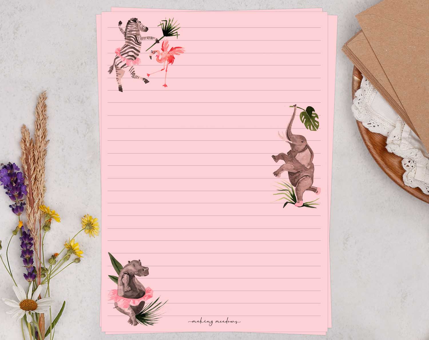 Pink A5 letter writing paper sheets with jungle animals. 