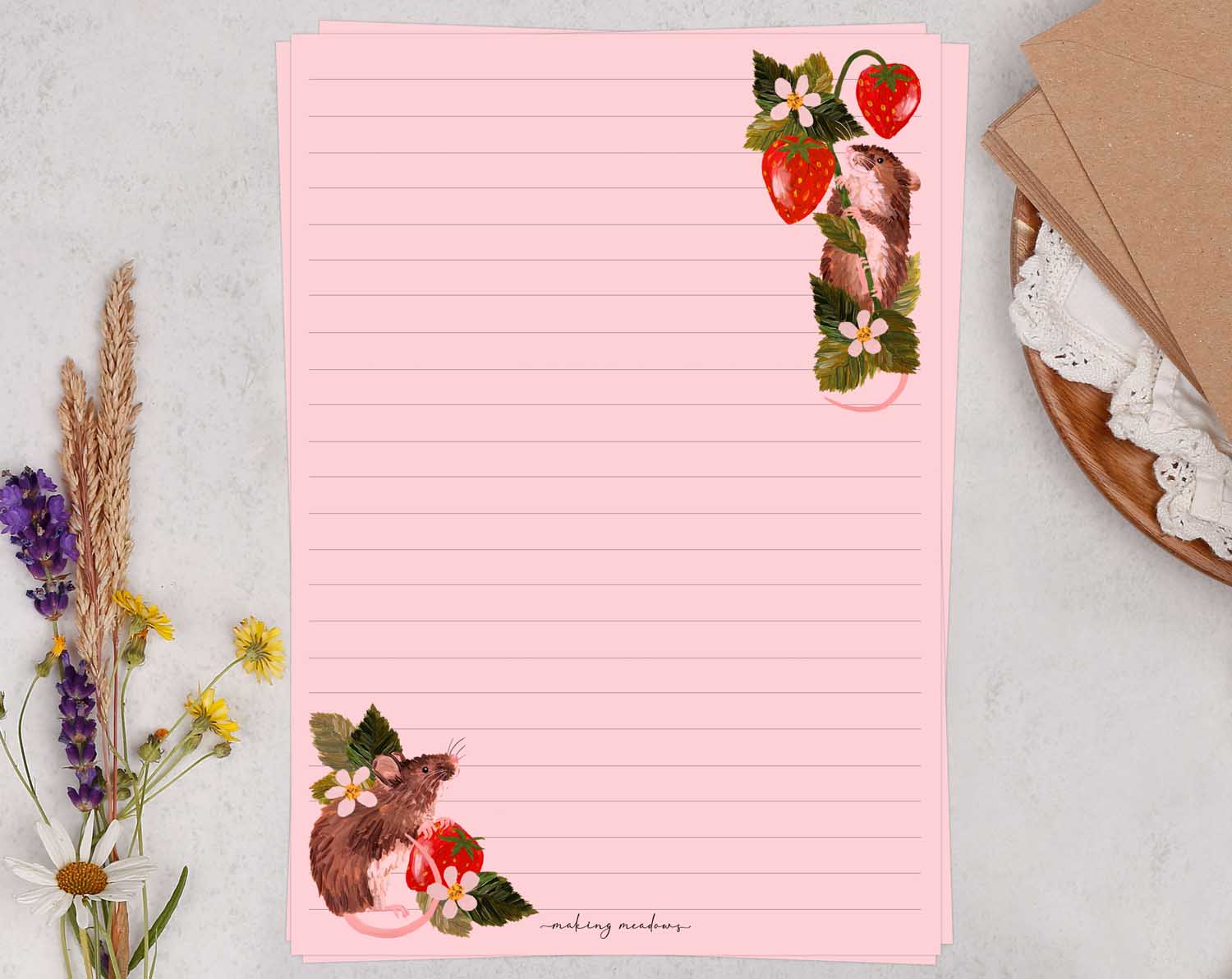 Pink A5 letter writing paper sheets with field mice and strawberry design.