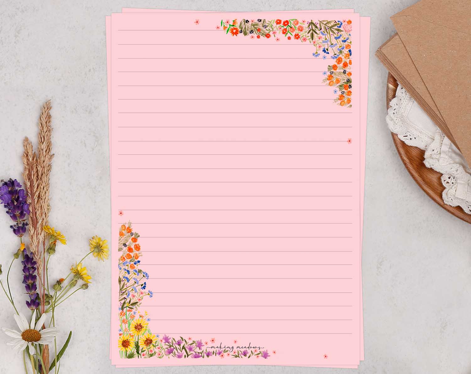 Pink A5 letter writing paper sheets with a watercolour garden flower design.
