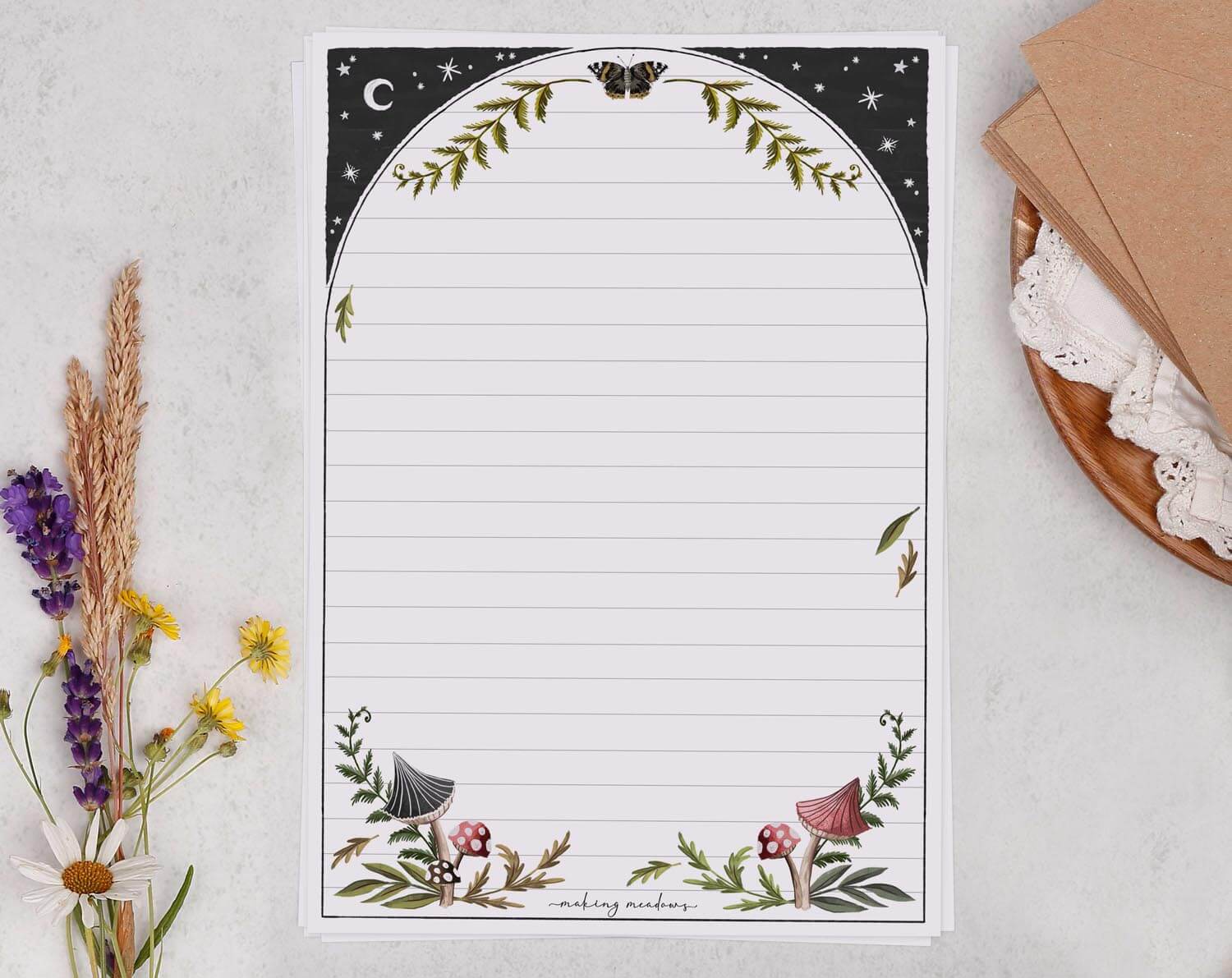 A5 Writing Paper with Celestial Moon, Star, Moth & Mushroom. Stationery designed by Making Meadows