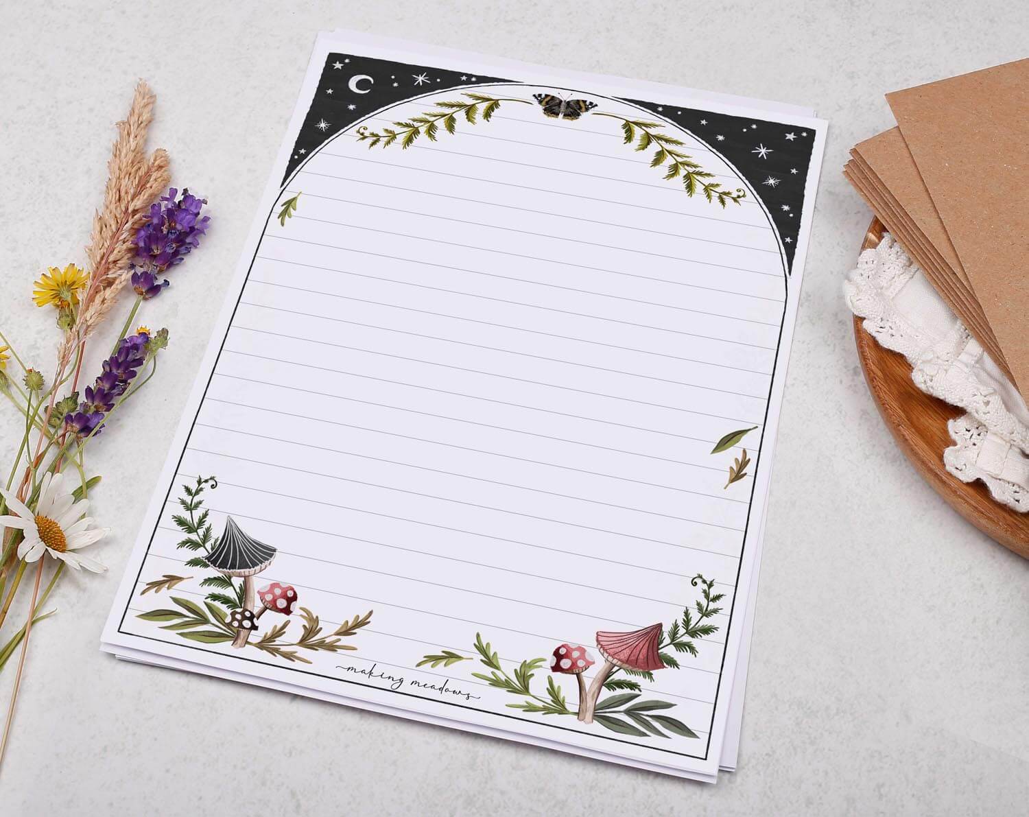 A5 Writing Paper with Celestial Moon, Star, Moth & Mushroom. Stationery designed by Making Meadows