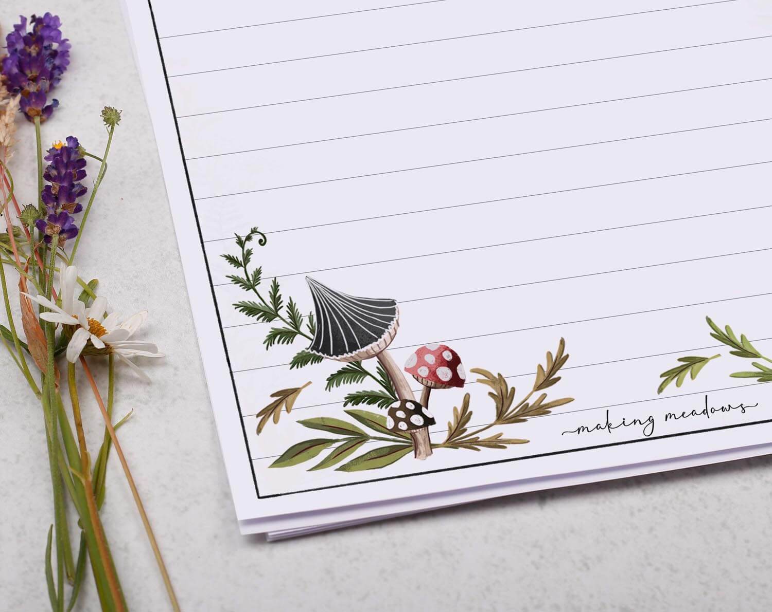 A5 Writing Paper with Celestial Moon, Star, Moth & Mushroom. Stationery designed by Making Meadows