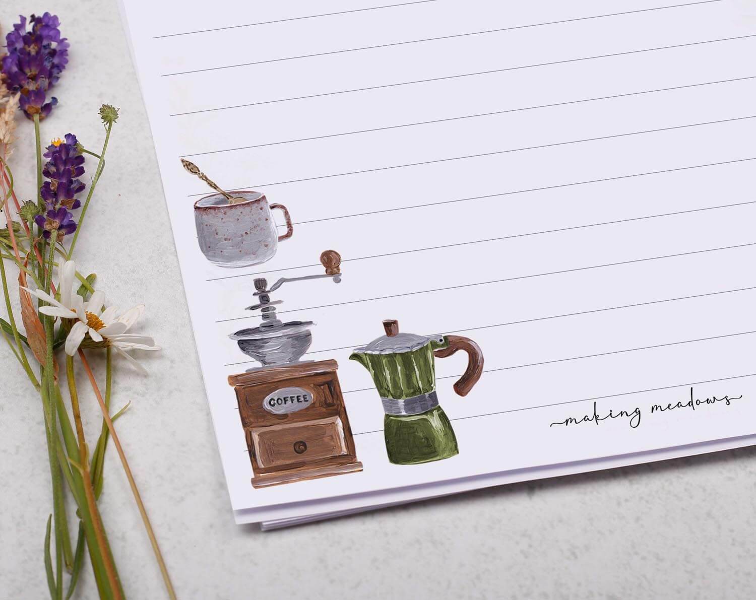 A5 Writing Paper with Coffee Making Design. Stationery designed by Making Meadows