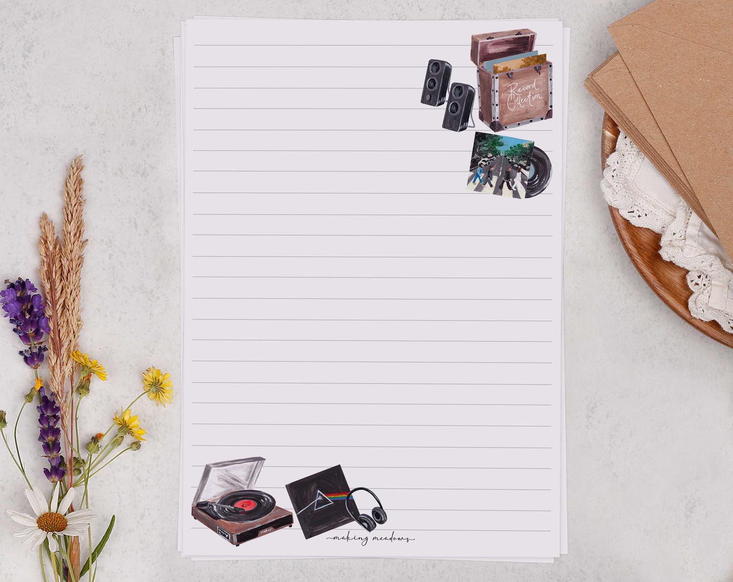 A5 Writing Paper with Vintage Vinyl Records. Stationery designed by Making Meadows