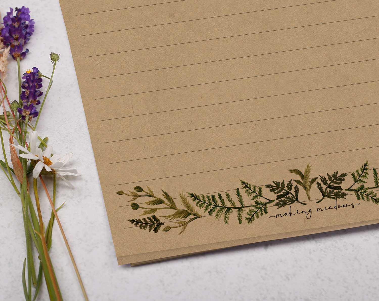 A5 kraft writing paper with botanical edge. Stationery designed by Making Meadows