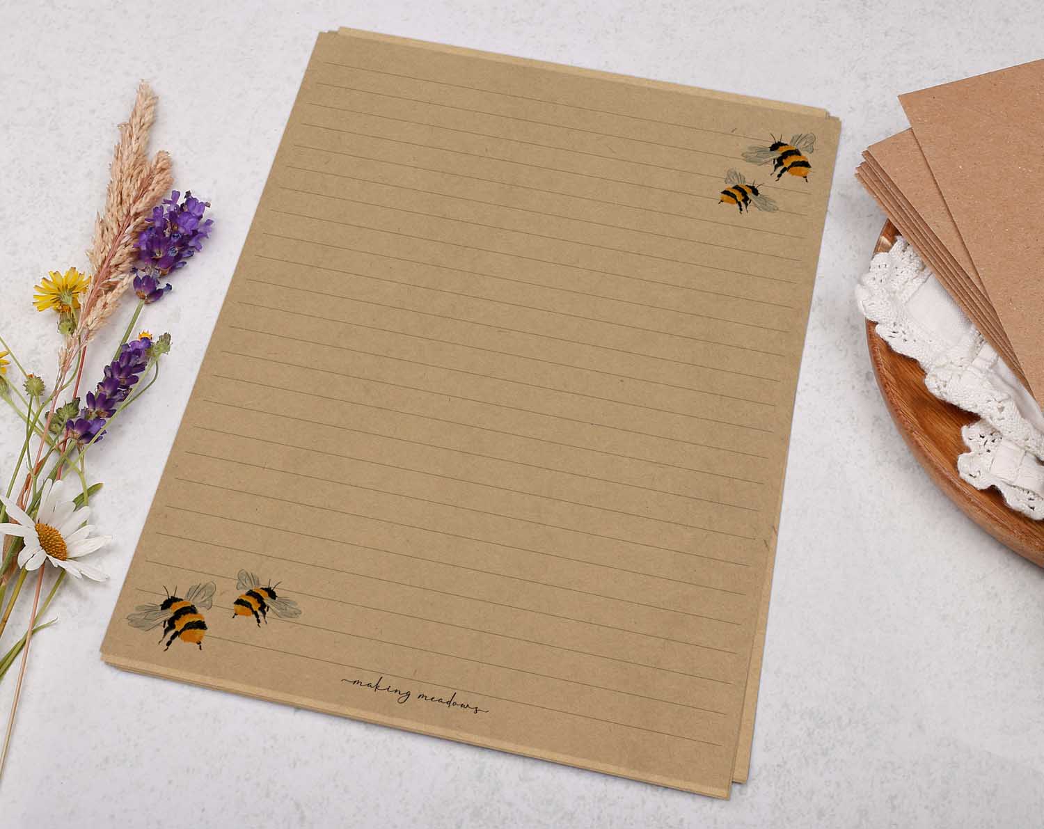 A5 kraft writing paper with bumble bees. Stationery designed by Making Meadows