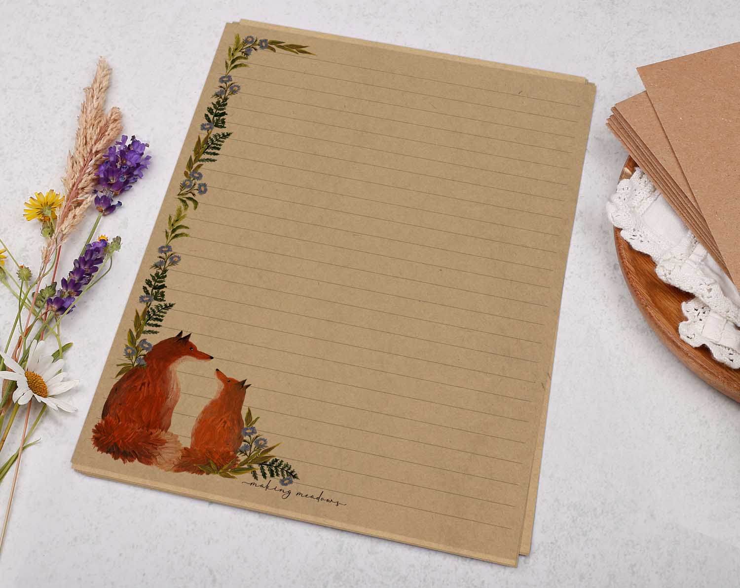 A5 kraft writing paper with fox & flowers. Stationery designed by Making Meadows
