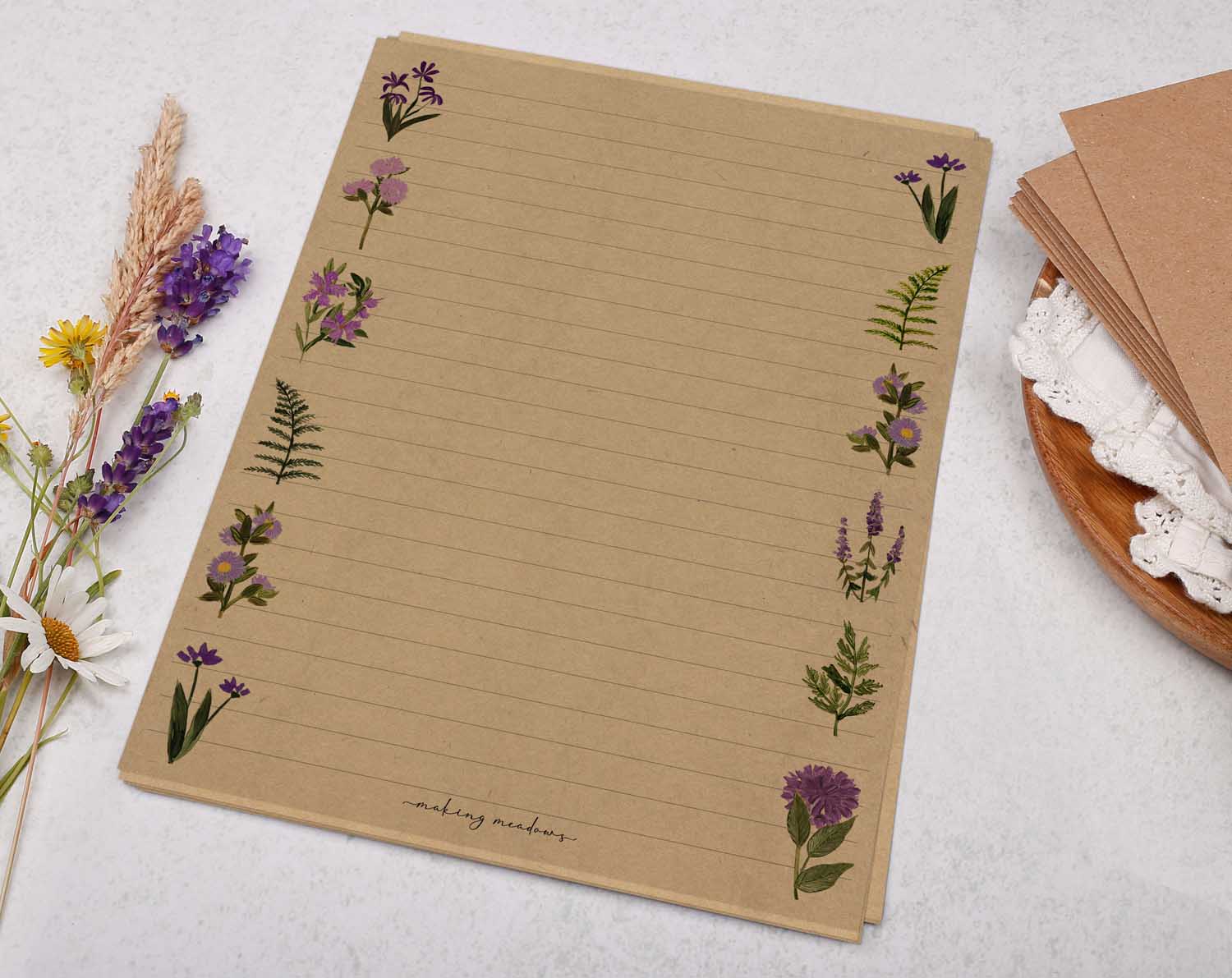 A5 kraft writing paper with purple flowers. Stationery designed by Making Meadows