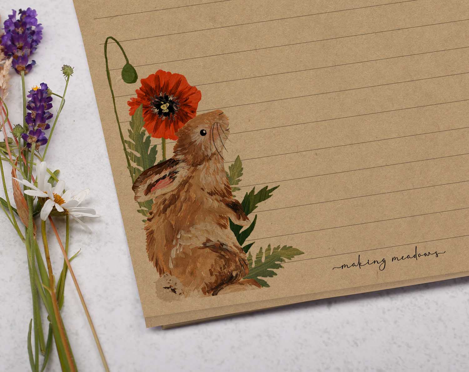 A5 kraft writing paper with rabbit & poppy flowers. Stationery designed by Making Meadows