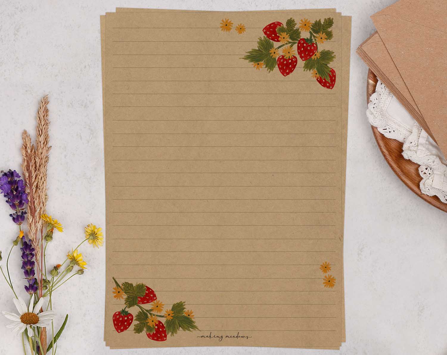 A5 kraft writing paper with strawberry blossom. Stationery designed by Making Meadows