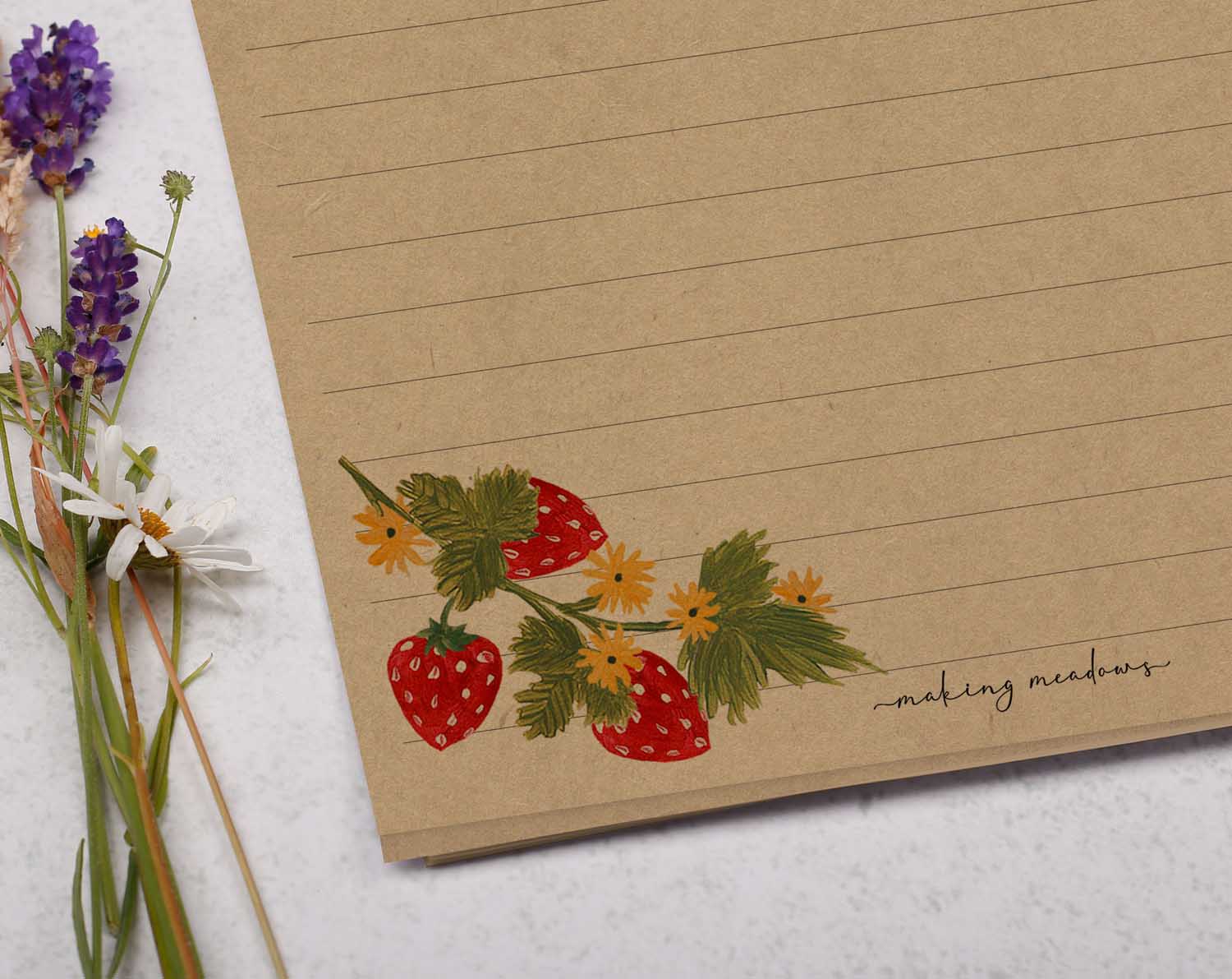 A5 kraft writing paper with strawberry blossom. Stationery designed by Making Meadows