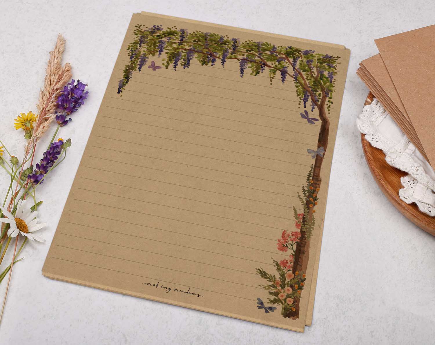 A5 kraft writing paper with wisteria. Stationery designed by Making Meadows