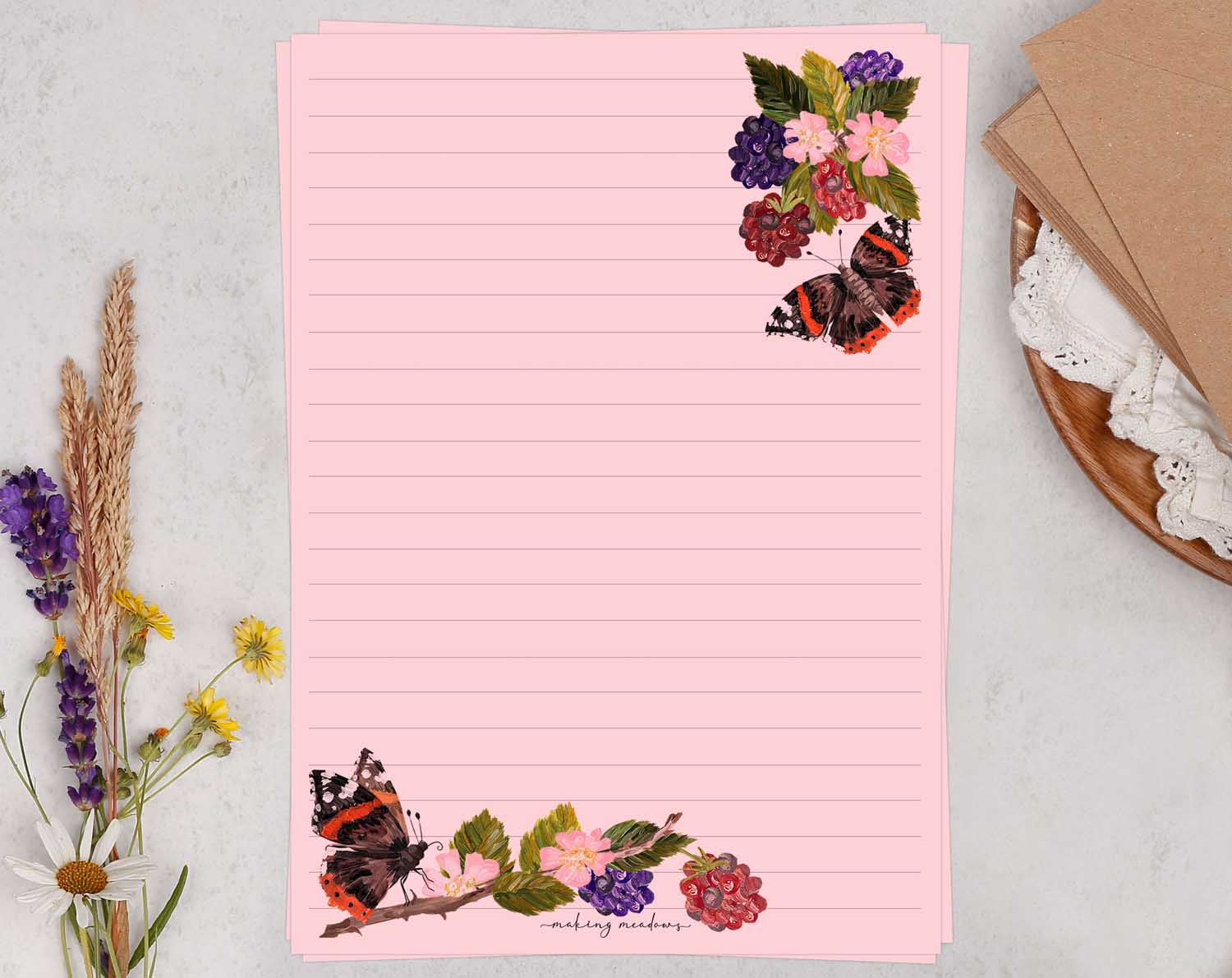 A5 pink writing paper with butterfly. Stationery designed by Making Meadows