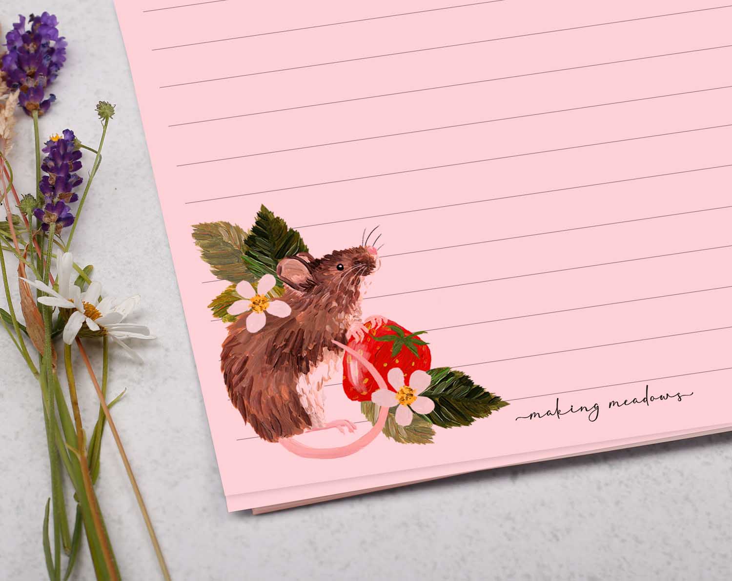 A5 pink writing paper with field mice. Stationery designed by Making Meadows