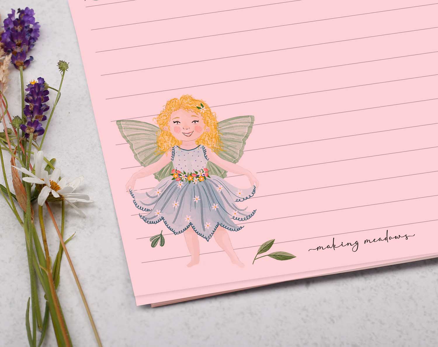 A5 pink writing paper with garden fairies. Stationery designed by Making Meadows