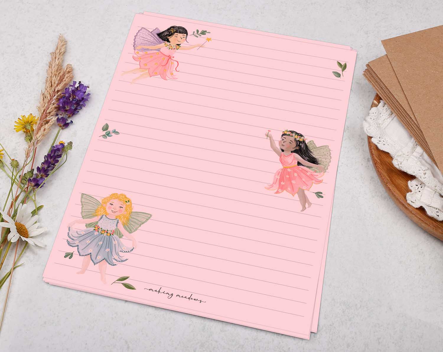 A5 pink writing paper with garden fairies. Stationery designed by Making Meadows