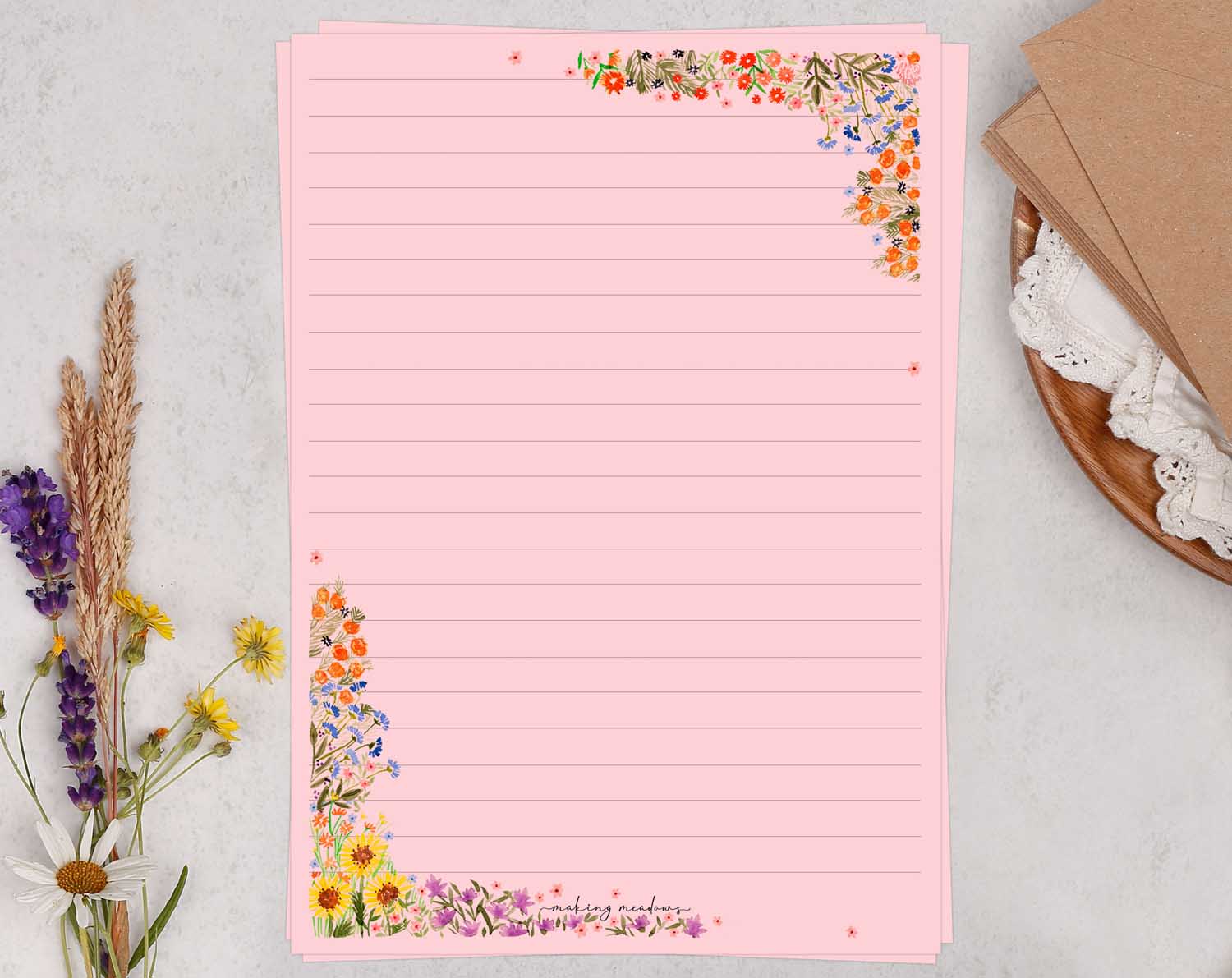 A5 pink writing paper with garden flowers. Stationery designed by Making Meadows