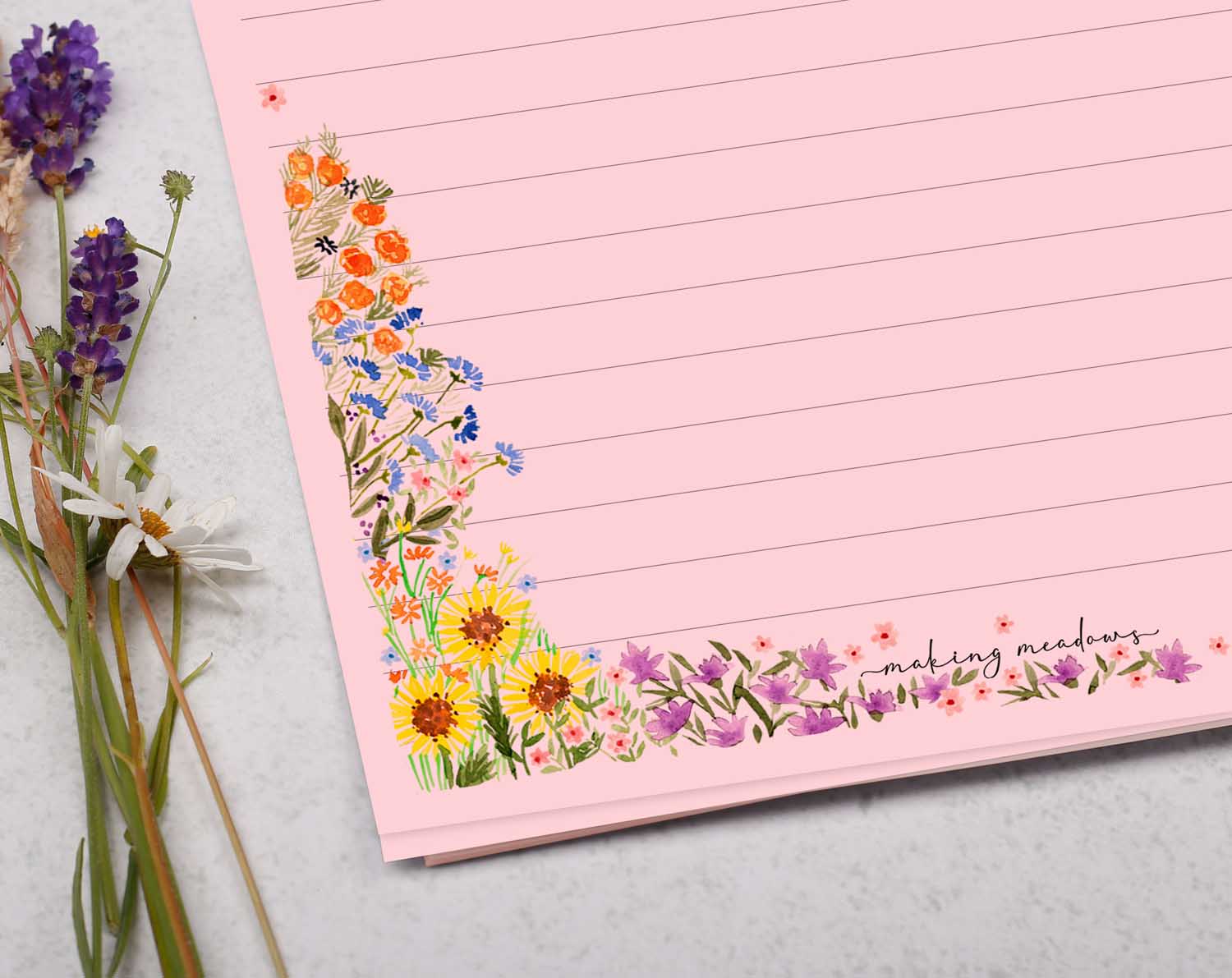 A5 pink writing paper with garden flowers. Stationery designed by Making Meadows