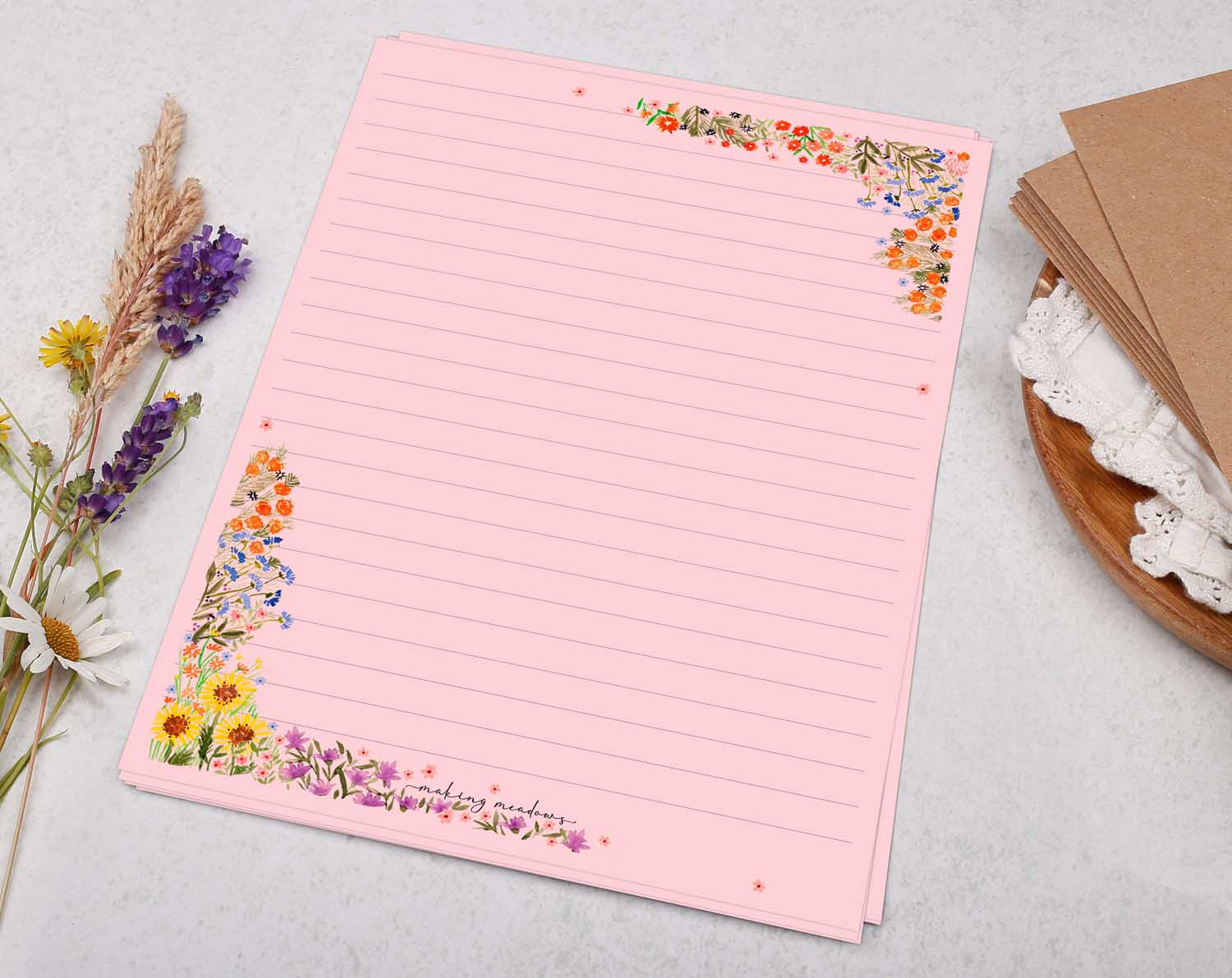A5 pink writing paper with garden flowers. Stationery designed by Making Meadows