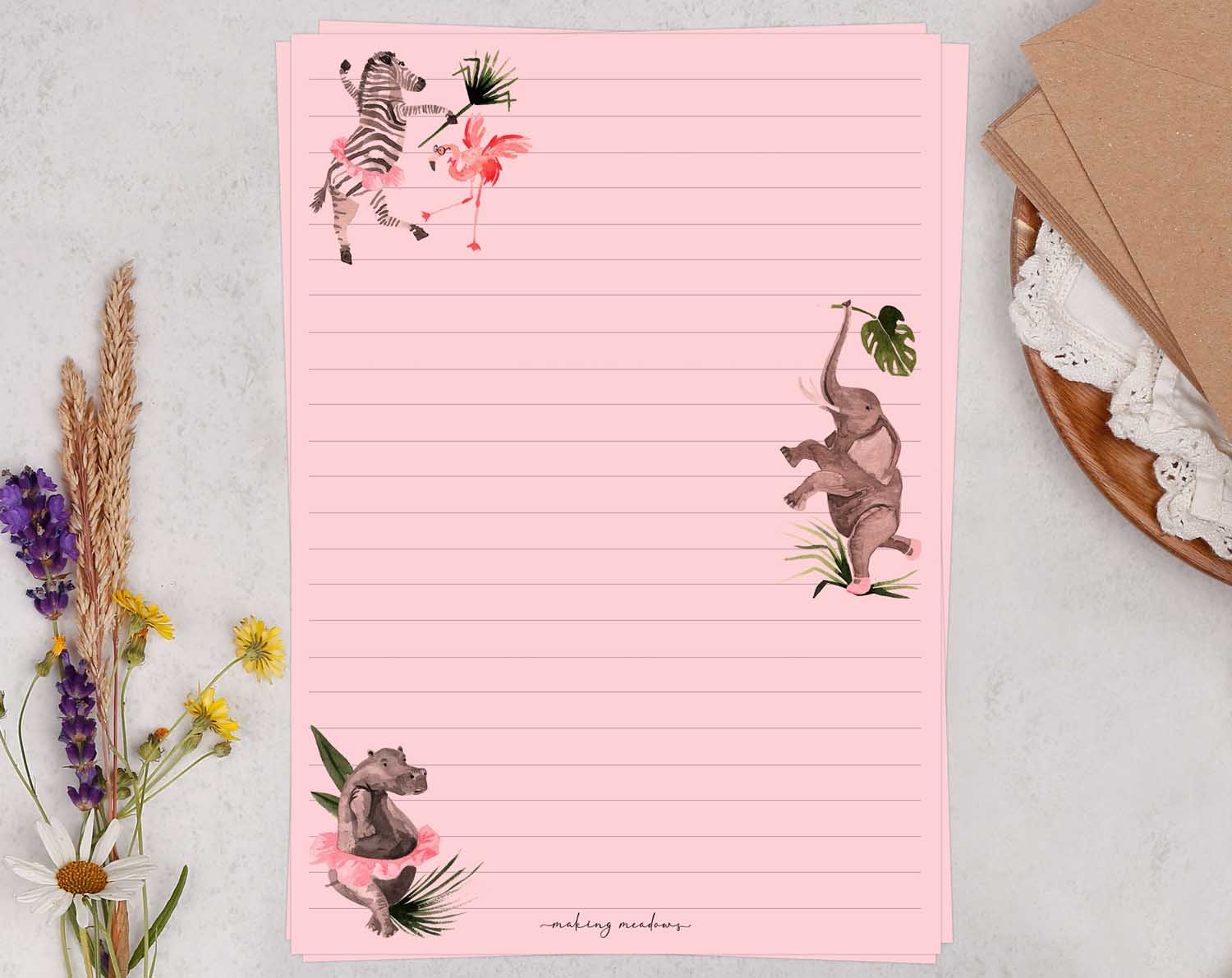 A5 pink writing paper with jungle animals. Stationery designed by Making Meadows