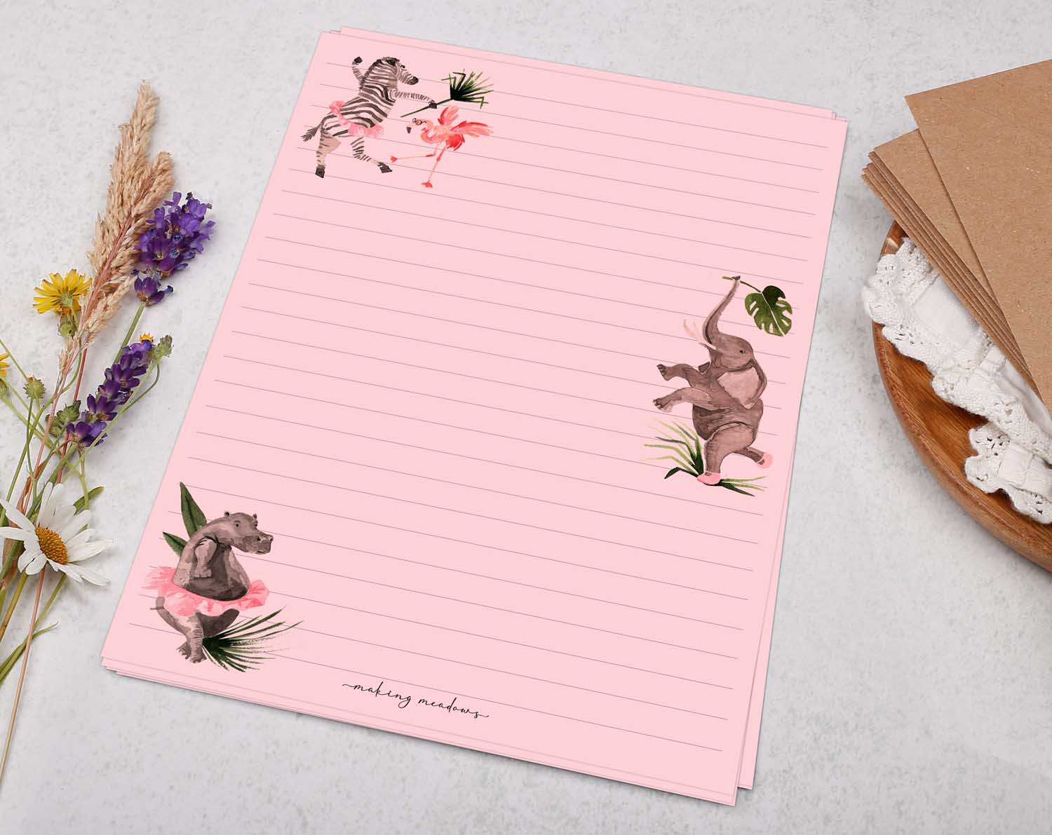 A5 pink writing paper with jungle animals. Stationery designed by Making Meadows
