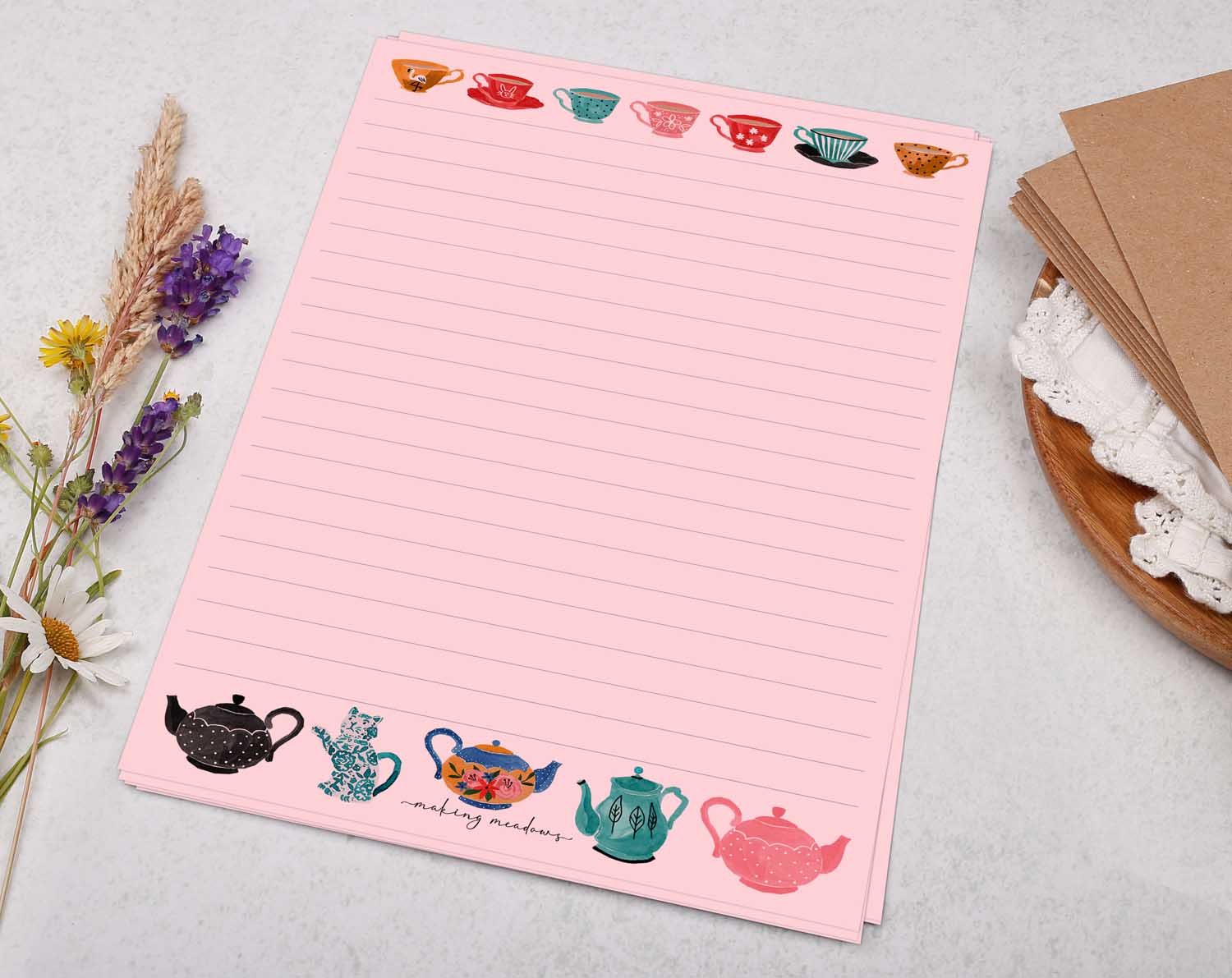 A5 pink writing paper with vintage teapots. Stationery designed by Making Meadows