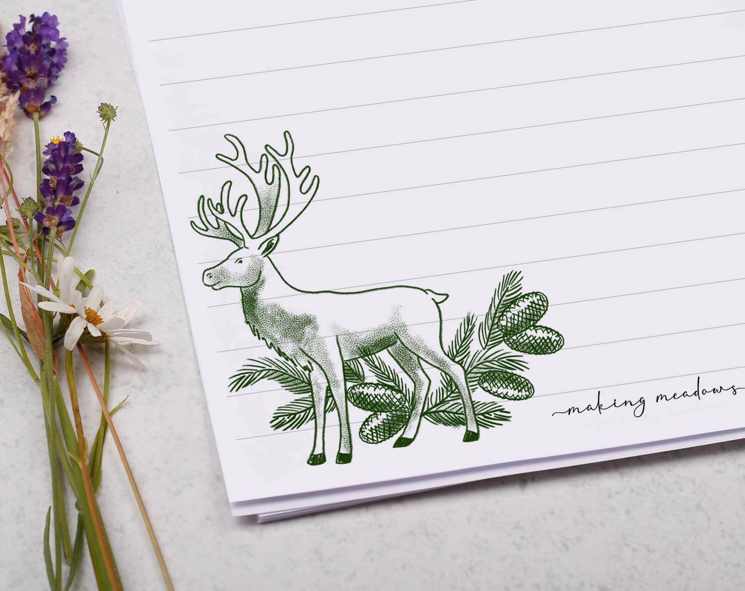 A5 writing paper with Traditional Reindeer illustration featuring a reindeer and greenery design.