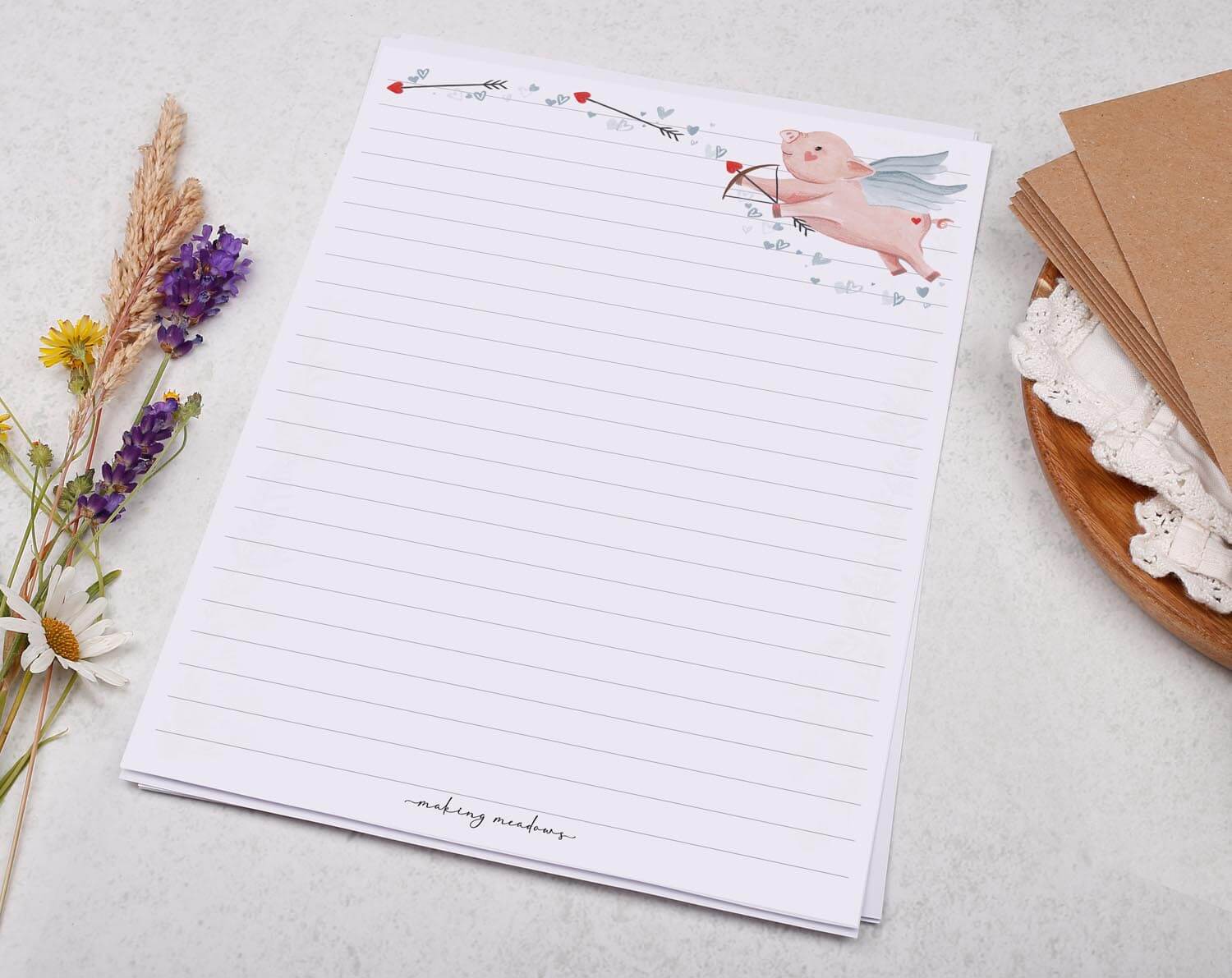 A5 writing paper with cupid pig. Stationery designed by Making Meadows
