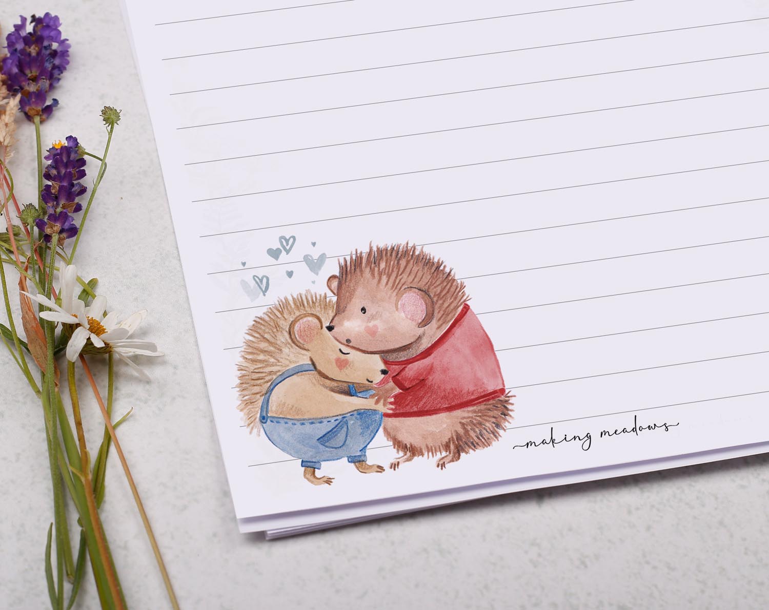 A5 writing paper with hedgehog hug. Stationery designed by Making Meadows