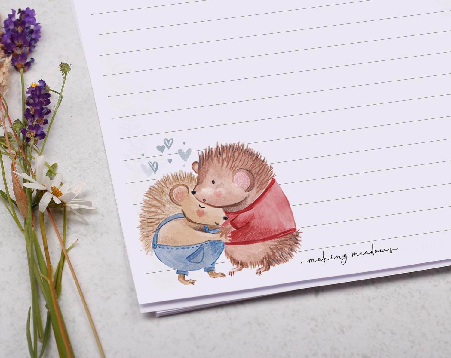 A5 writing paper with hedgehog hug. Stationery designed by Making Meadows