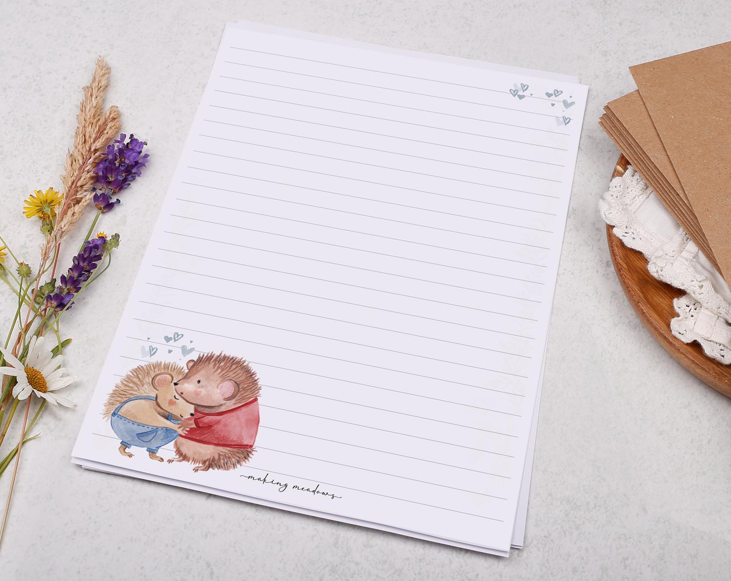 A5 writing paper with hedgehog hug. Stationery designed by Making Meadows