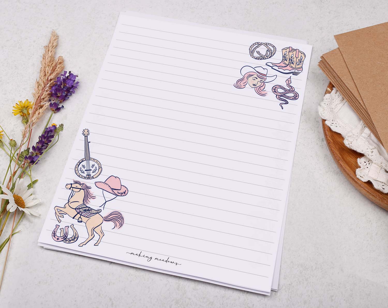 A5 writing paper with horse & cowgirl. Stationery designed by Making Meadows