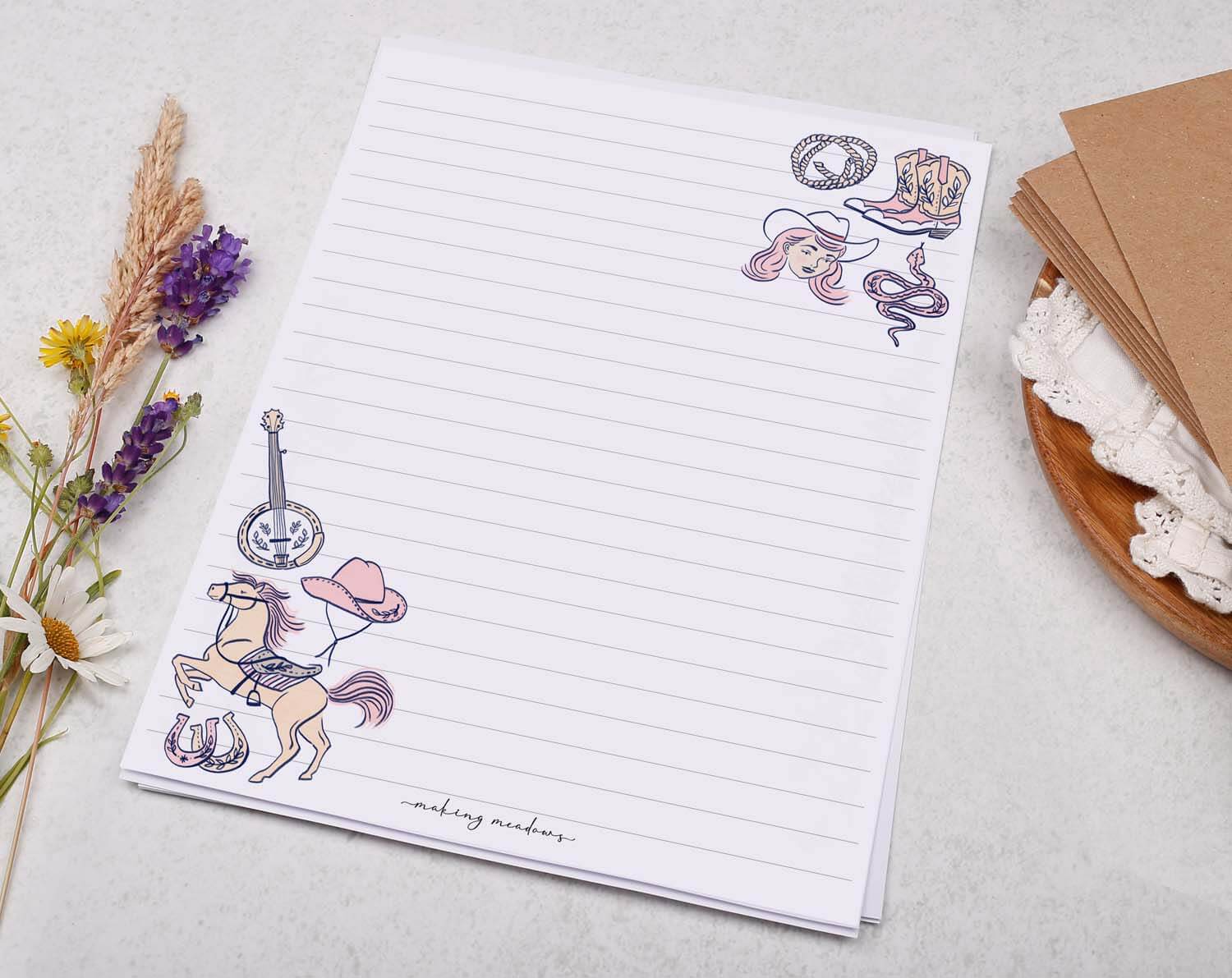 A5 writing paper with horse & cowgirl. Stationery designed by Making Meadows
