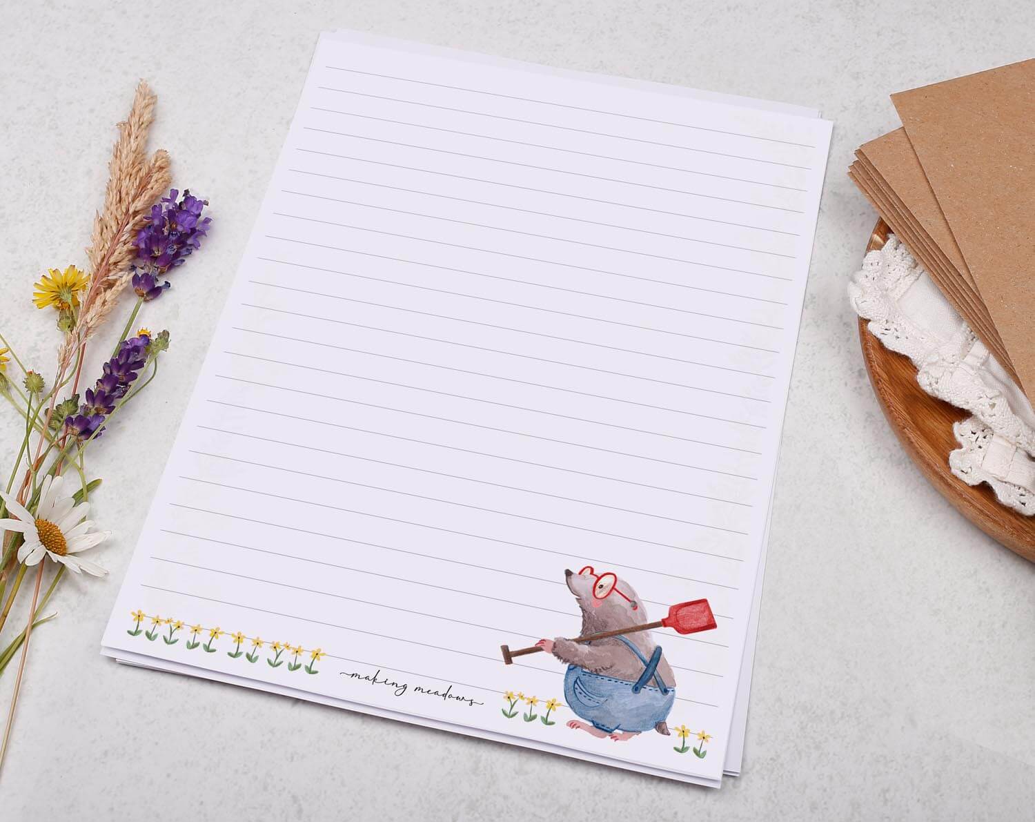 A5 writing paper with mole. Stationery designed by Making Meadows