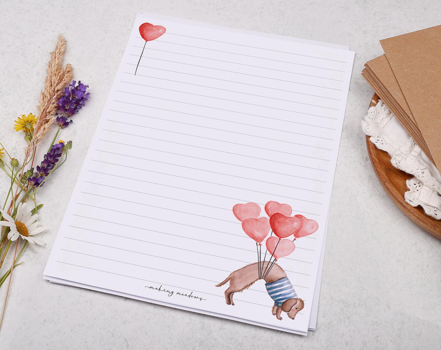 A5 writing paper with sausage dog. Stationery designed by Making Meadows