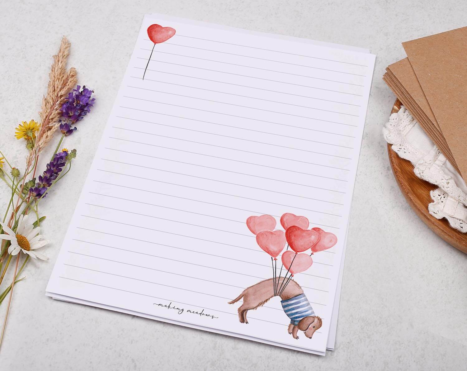 A5 writing paper with sausage dog. Stationery designed by Making Meadows