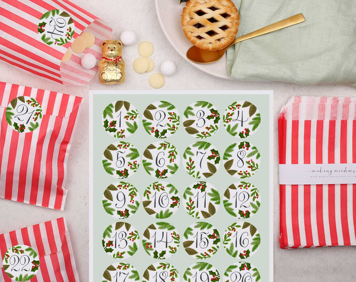 Christmas advent kit for making your own Advent Calendar. This 'fill your own advent calendar' has stickers featuring botanical foliage.
