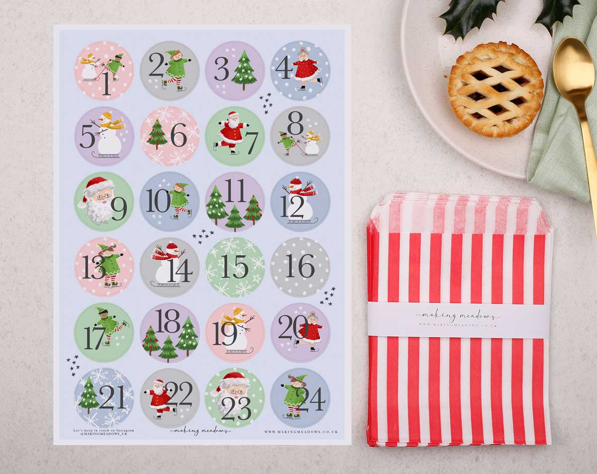 Christmas kit for making your own Advent Calendar. This 'fill your own advent calendar' has stickers featuring Santa, Mrs Claus and his elf friends.