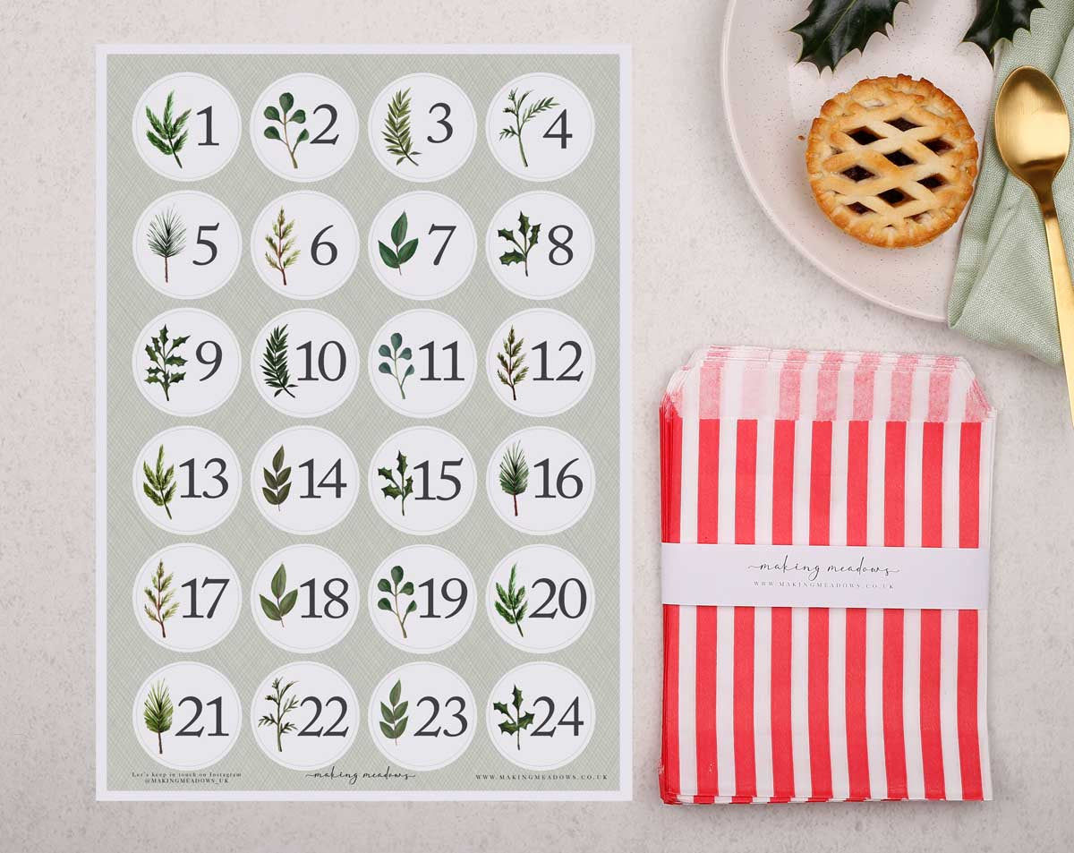 Christmas kit for making your own Advent Calendar. This 'fill your own advent calendar' has stickers featuring botanical foliage.