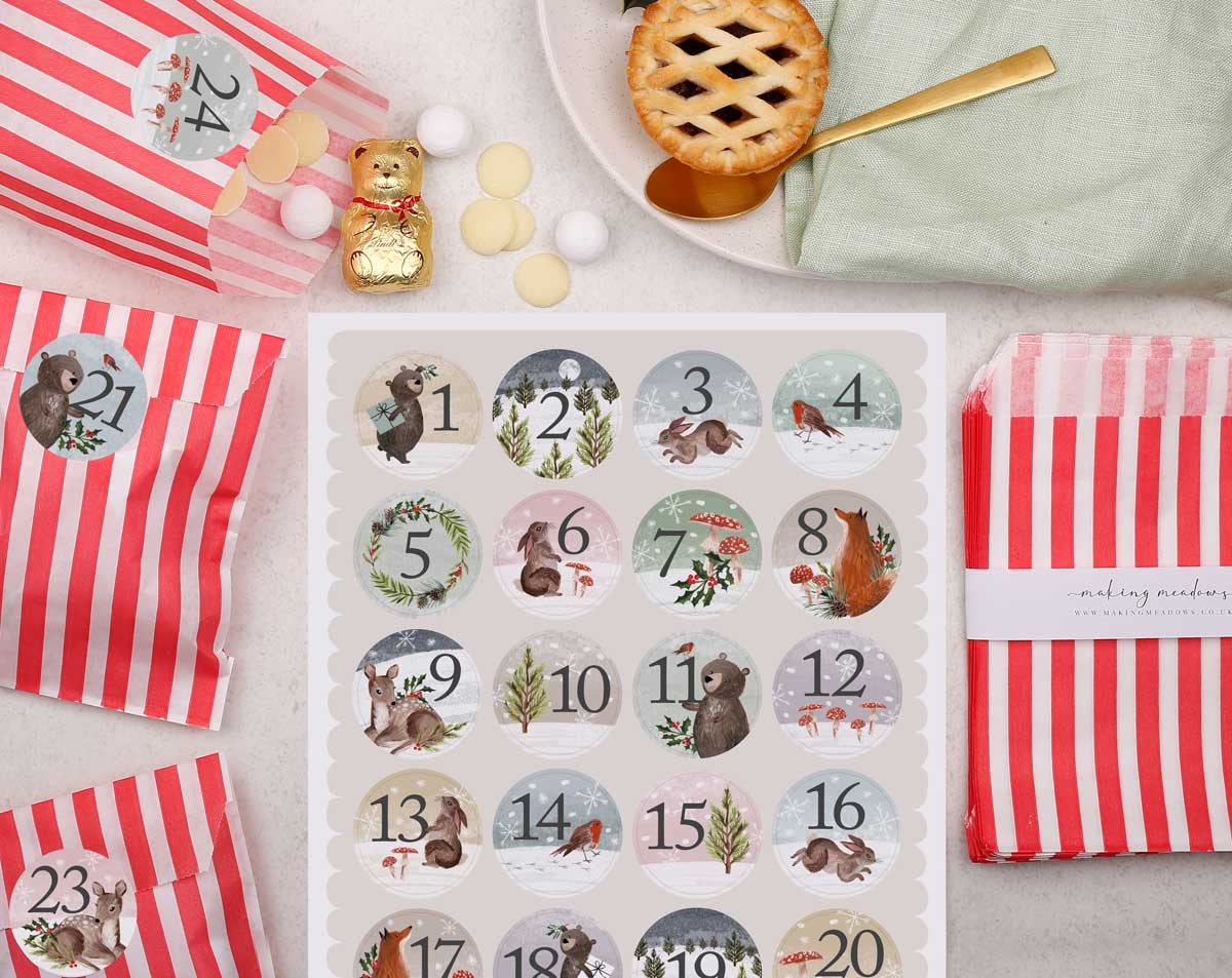 Christmas kit for making your own Advent Calendar. This 'fill your own advent calendar' has stickers featuring cute woodland animals.