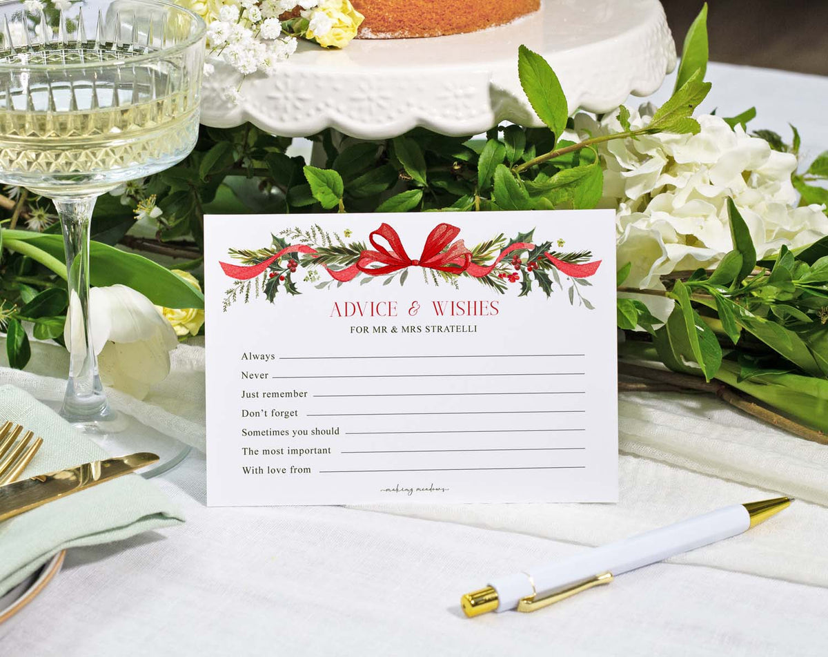 Winter Wedding Advice Cards with floral design and ribbon for capturing guest messages and memories.