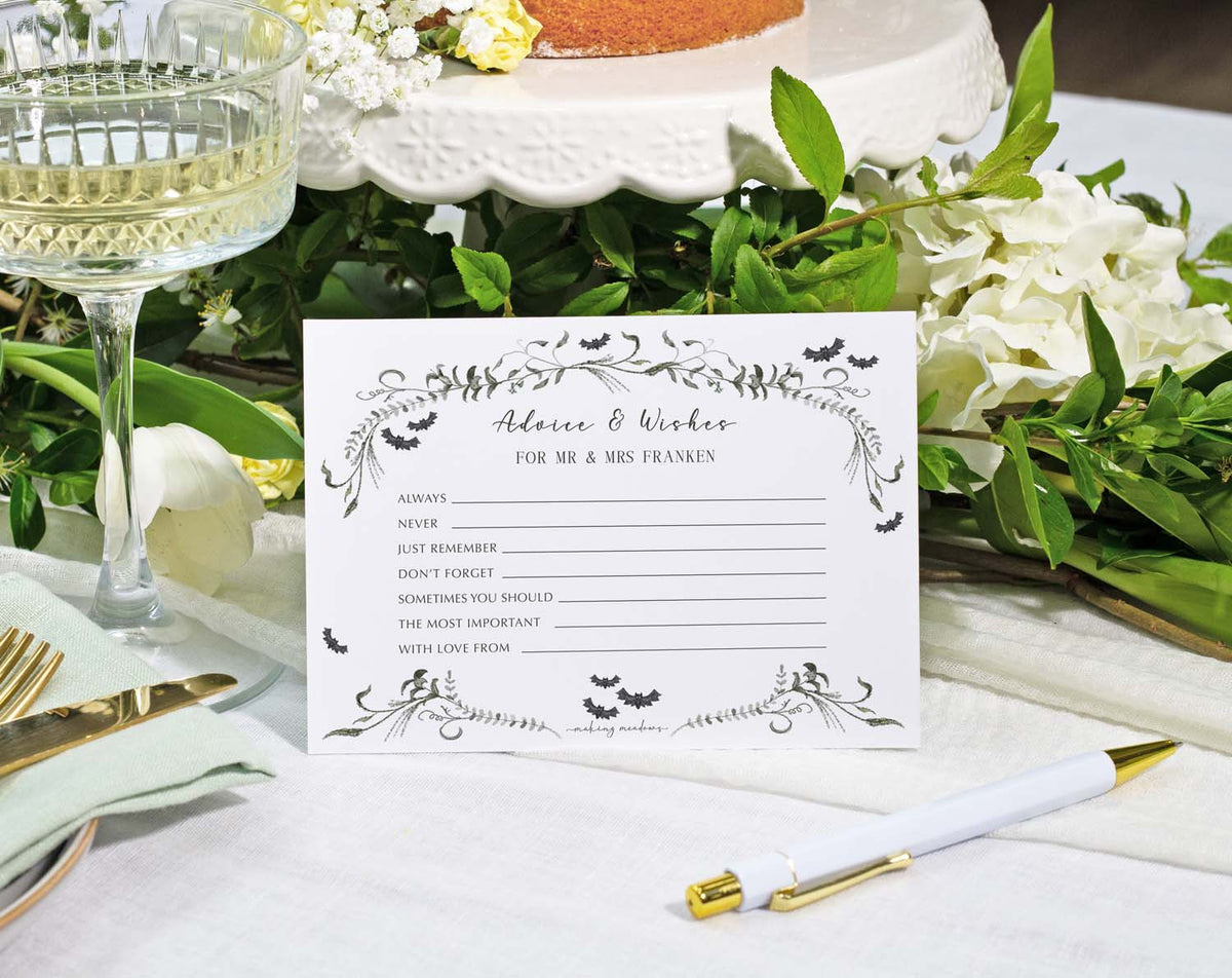 Gothic Wedding Advice Cards featuring elegant floral design and prompts for guests' wishes and advice.