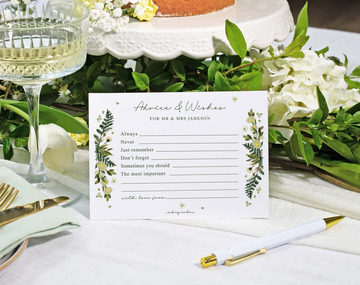 Botanical Wedding Advice Cards with floral design for guests to write advice and well wishes at weddings.