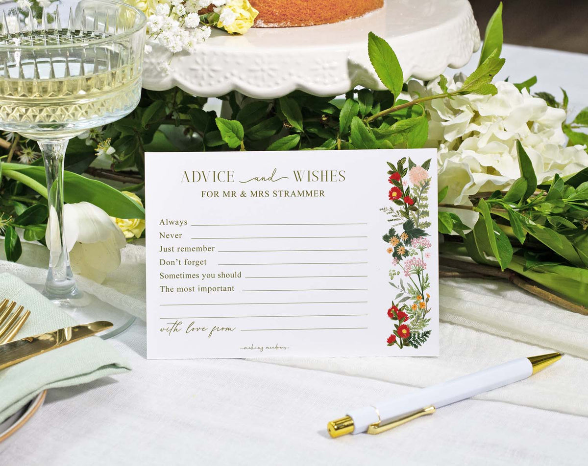 Boho Wedding Advice Cards featuring floral design and space for guest messages on a beautifully set table.