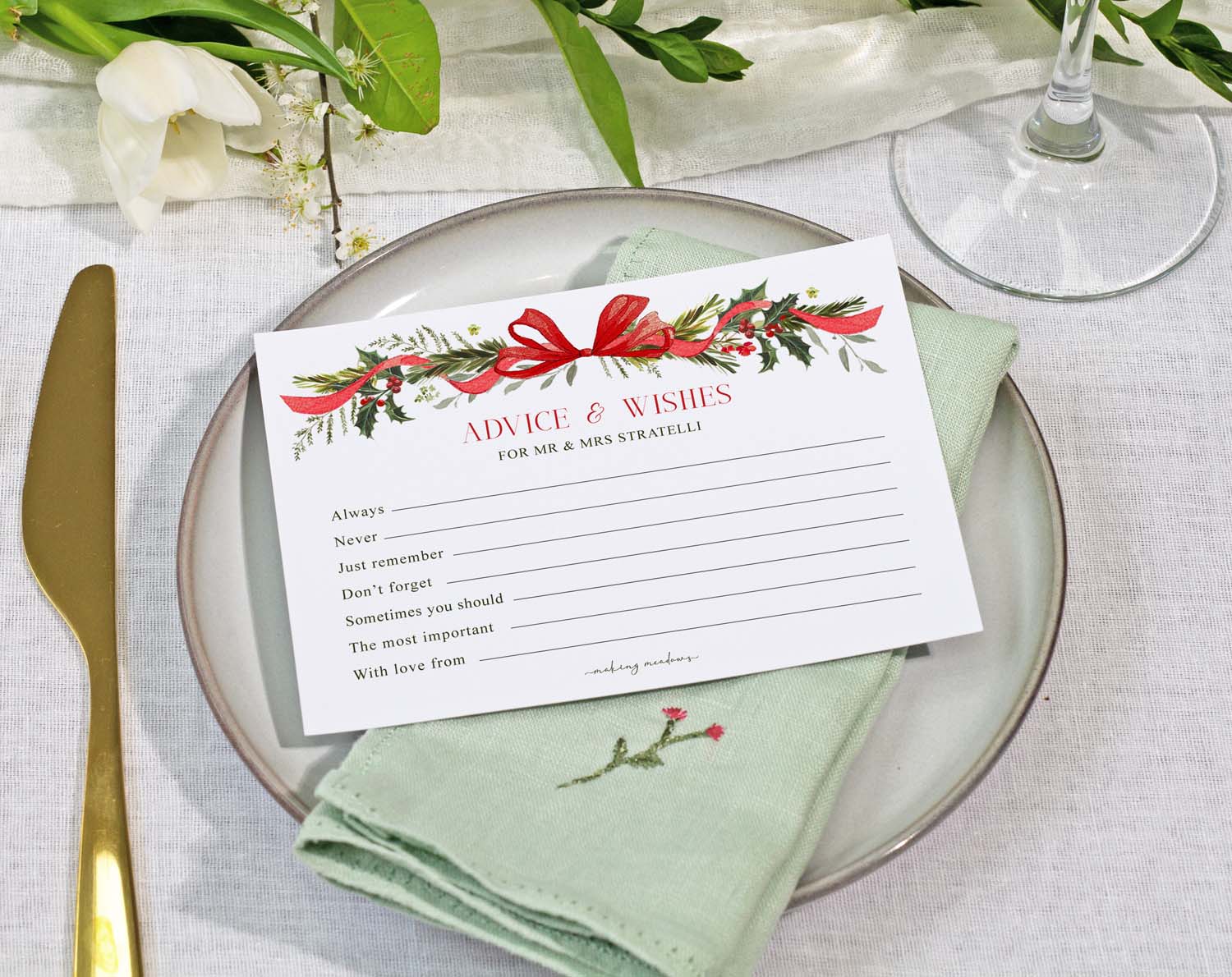 Winter Wedding Advice Cards for guests, featuring floral design and space for heartfelt messages.