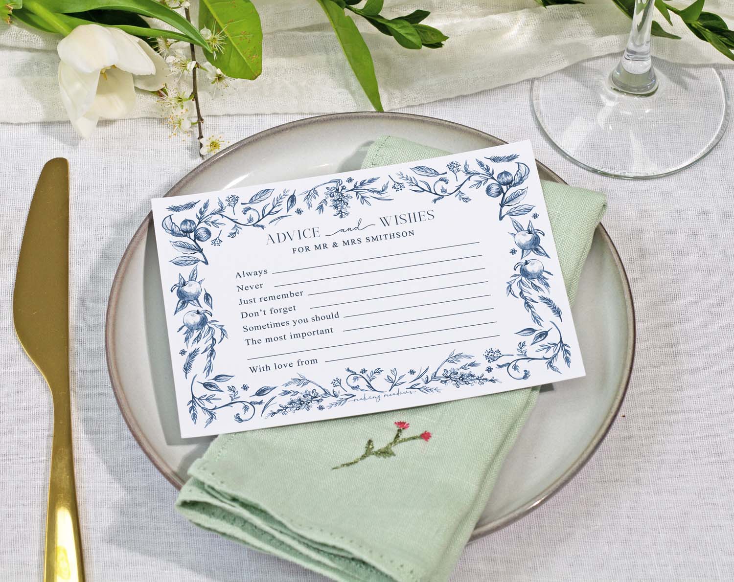 Blue Garden Wedding Advice Cards on a plate with linen, inviting guests to share their wishes and advice.