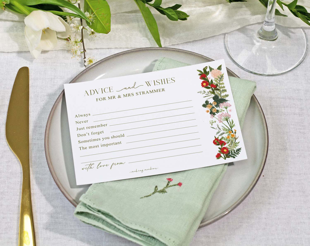 Boho Wedding Advice Cards with floral design, perfect for capturing guests' wishes and advice on wedding day.